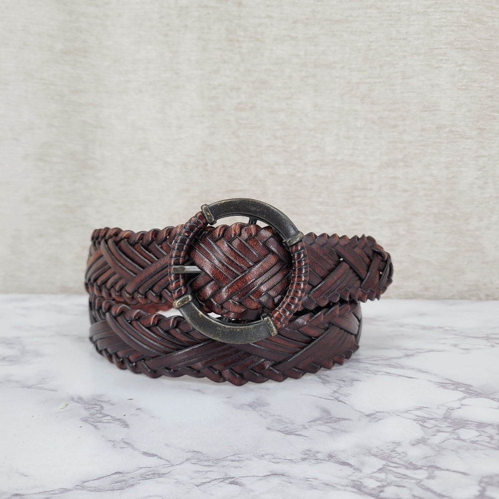 Braided Woven Leather Belt with Round Buckle Brown with Deep Red Undertones